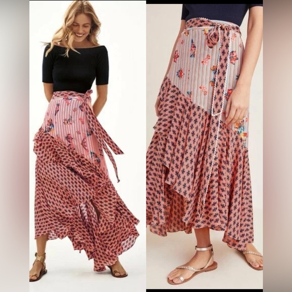 Anthropologie Pink Patchwork Floral Maxi Skirt